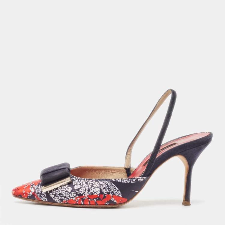 Pre Owned Carolina Herrera Multicolor Leather and Suede Bow Slingback Pumps Size 37