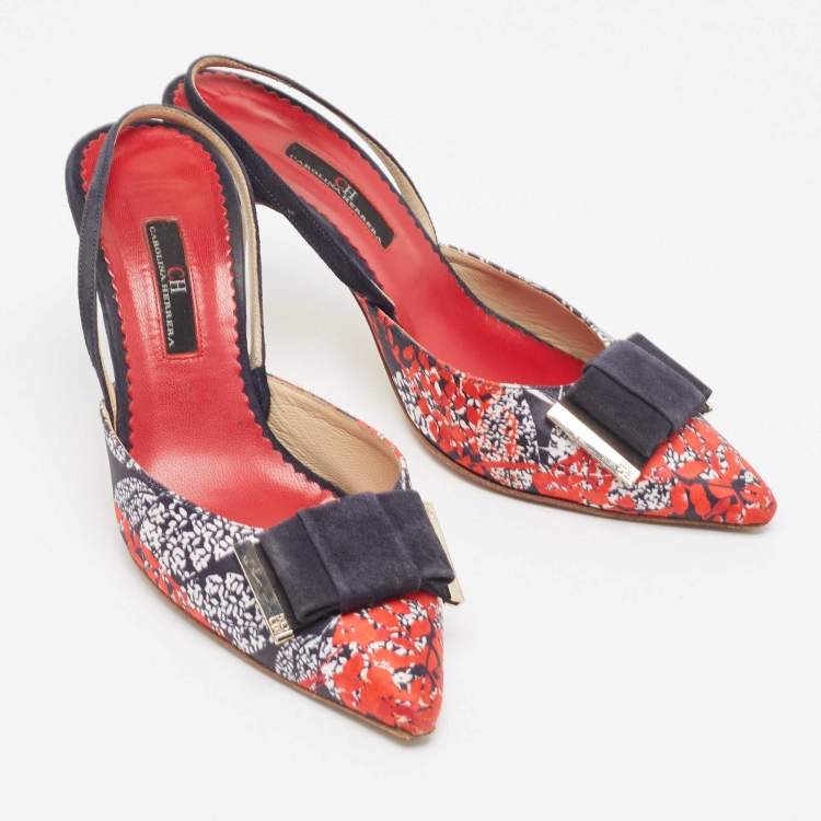 Pre Owned Carolina Herrera Multicolor Leather and Suede Bow Slingback Pumps Size 37