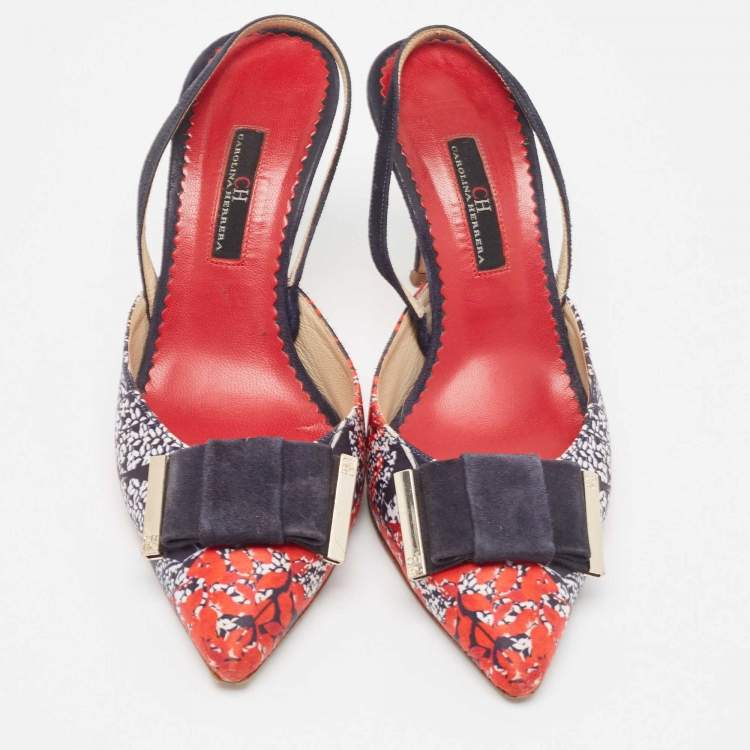 Pre Owned Carolina Herrera Multicolor Leather and Suede Bow Slingback Pumps Size 37