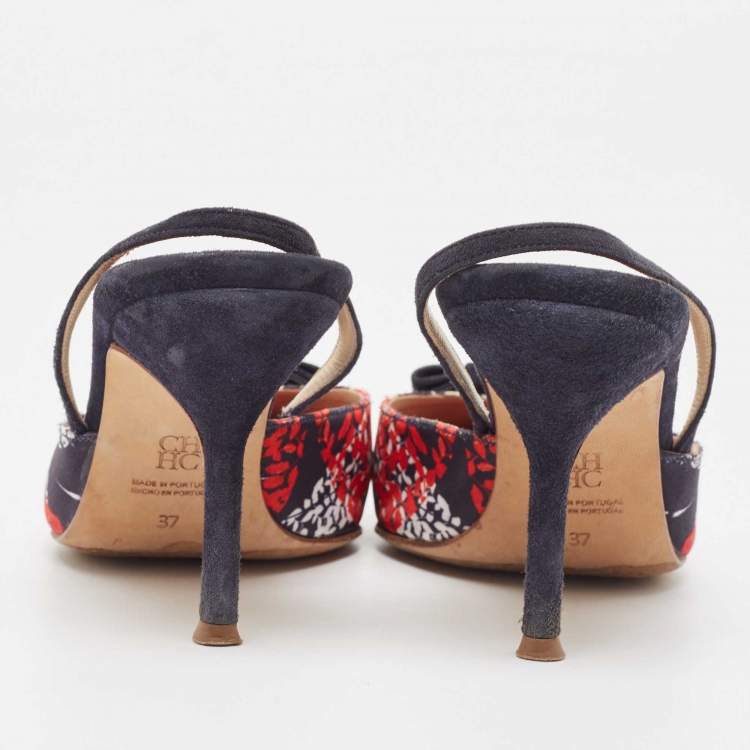 Pre Owned Carolina Herrera Multicolor Leather and Suede Bow Slingback Pumps Size 37