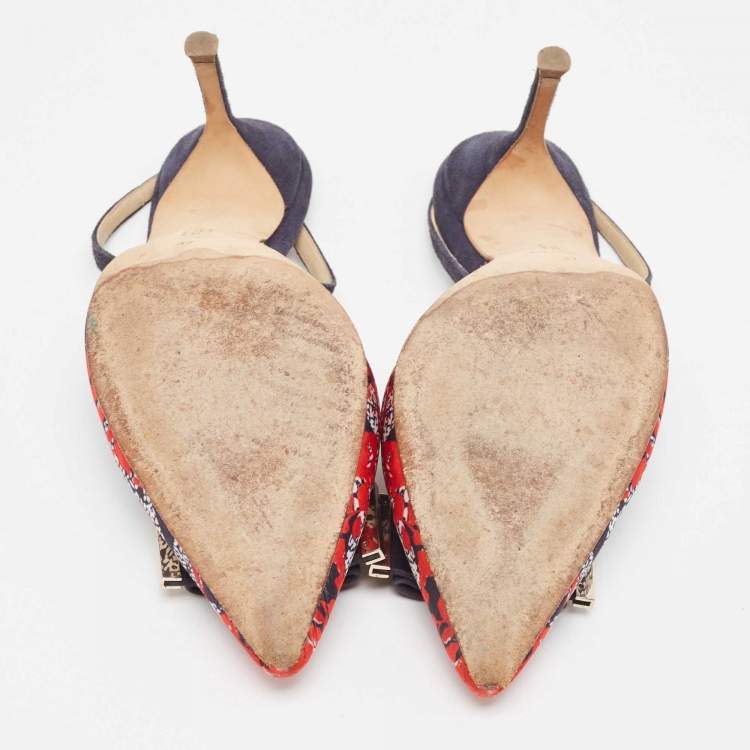 Pre Owned Carolina Herrera Multicolor Leather and Suede Bow Slingback Pumps Size 37