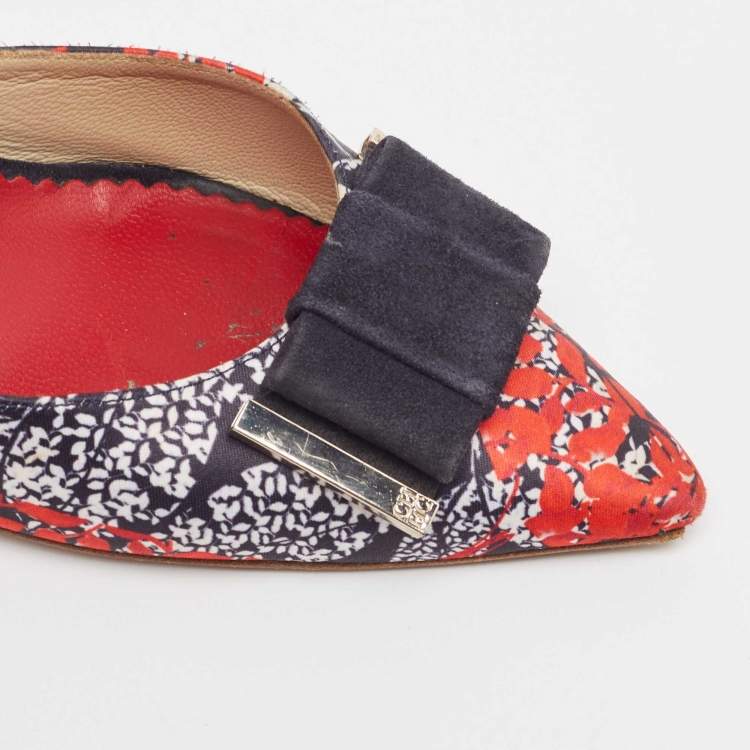Pre Owned Carolina Herrera Multicolor Leather and Suede Bow Slingback Pumps Size 37