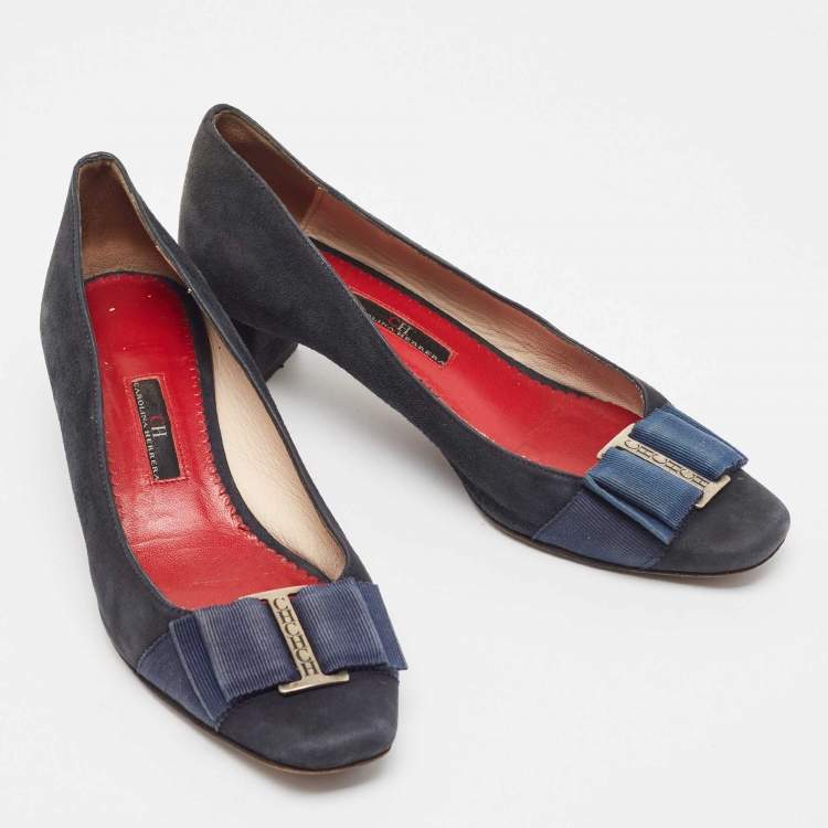 Pre Owned CH Carolina Herrera Navy Blue Suede Bow Pumps Size 37