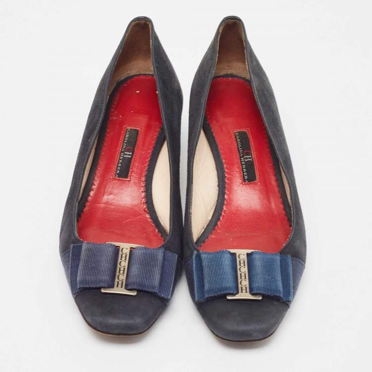 Pre Owned CH Carolina Herrera Navy Blue Suede Bow Pumps Size 37