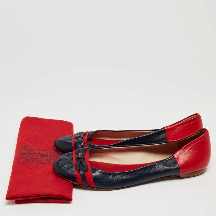 Pre Owned CH Carolina Herrera Red/Navy Blue Ballet Flats Size 40