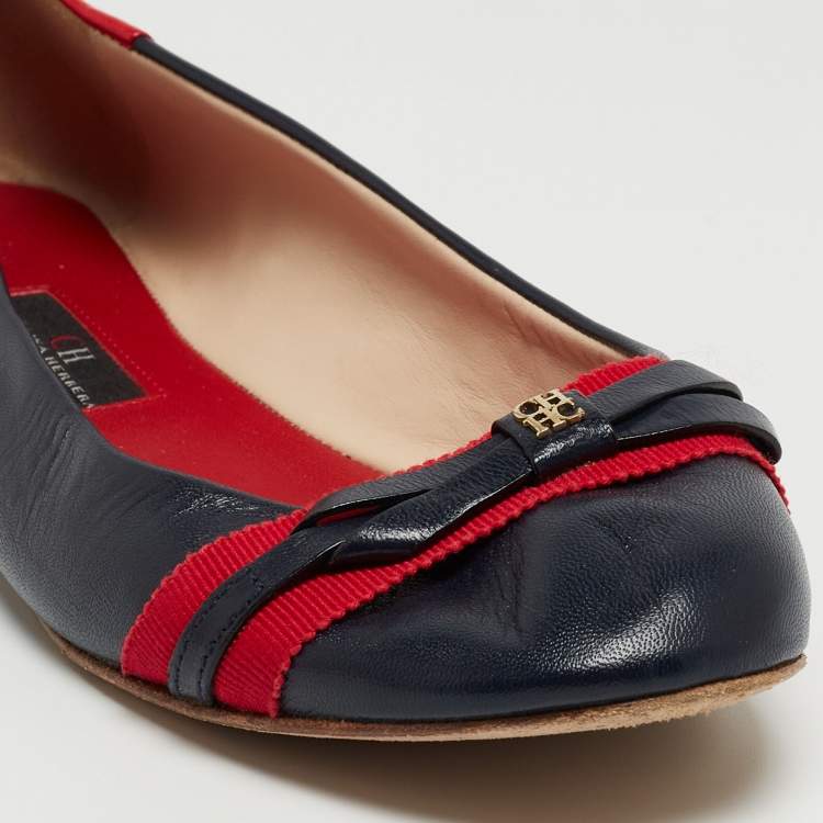 Pre Owned CH Carolina Herrera Red/Navy Blue Ballet Flats Size 40