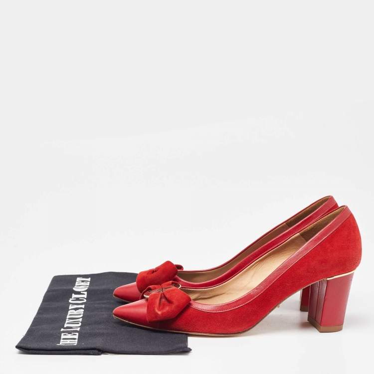 Pre Owned CH Carolina Herrera Red Leather and Suede Bow Pumps Size 37