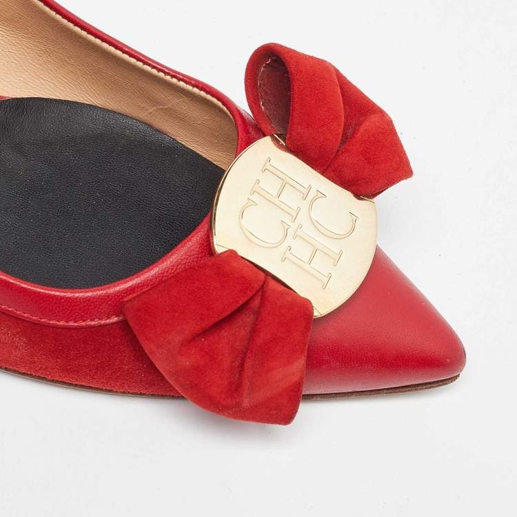 Pre Owned CH Carolina Herrera Red Leather and Suede Bow Pumps Size 37