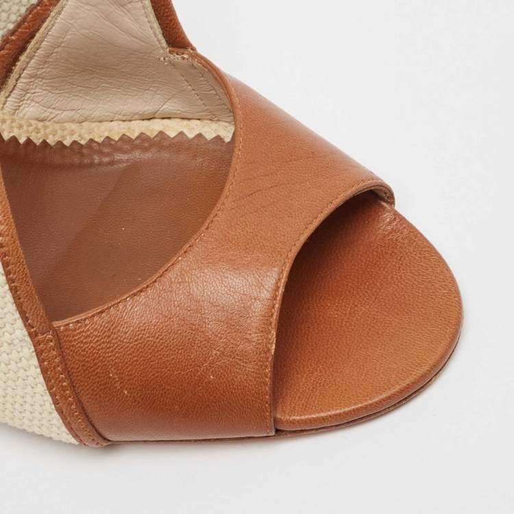 Pre Owned CH Carolina Herrera Brown Leather and Woven Fabric Ankle Strap Sandals Size 37