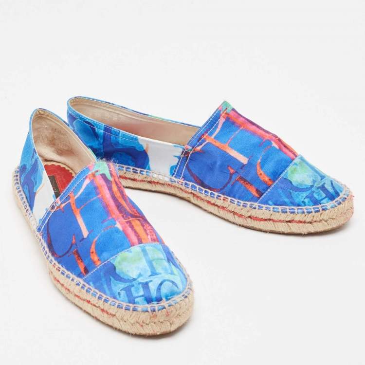 Pre Owned CH Carolina Herrera Blue Printed Satin Espadrille Flats Size 41