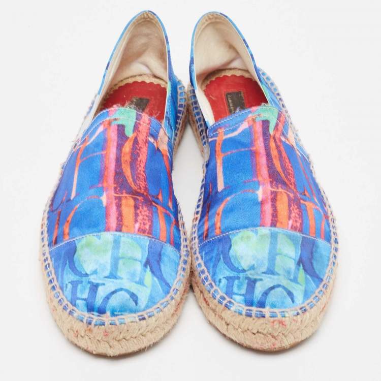 Pre Owned CH Carolina Herrera Blue Printed Satin Espadrille Flats Size 41