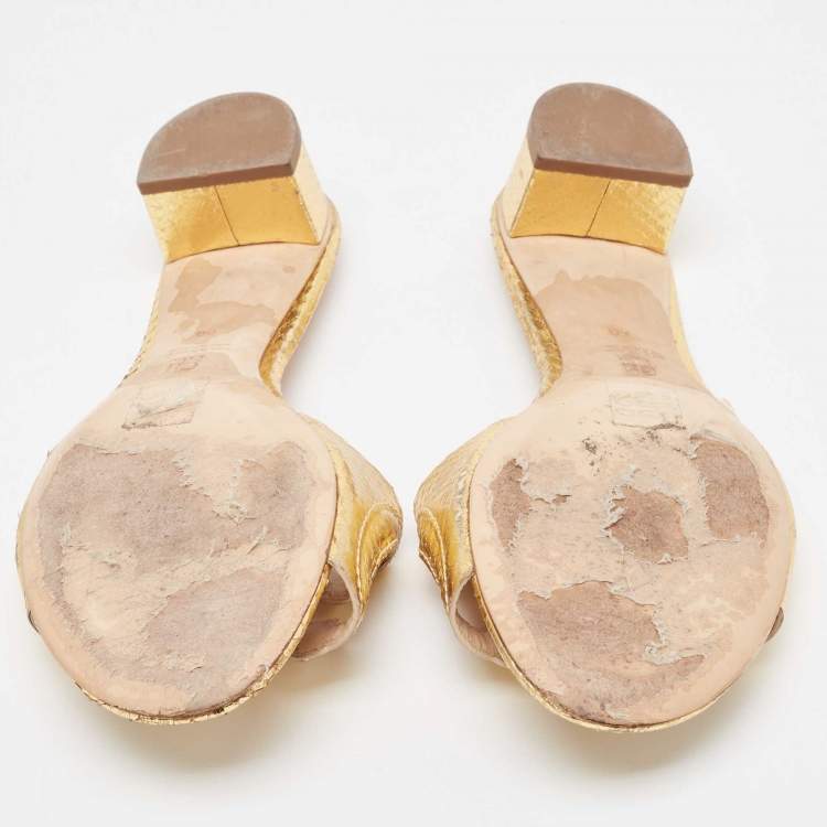 Pre Owned CH Carolina Herrera Gold Python Embossed Slide Sandals Size 40