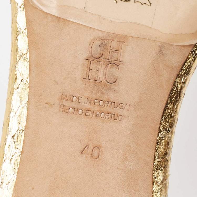 Pre Owned CH Carolina Herrera Gold Python Embossed Slide Sandals Size 40
