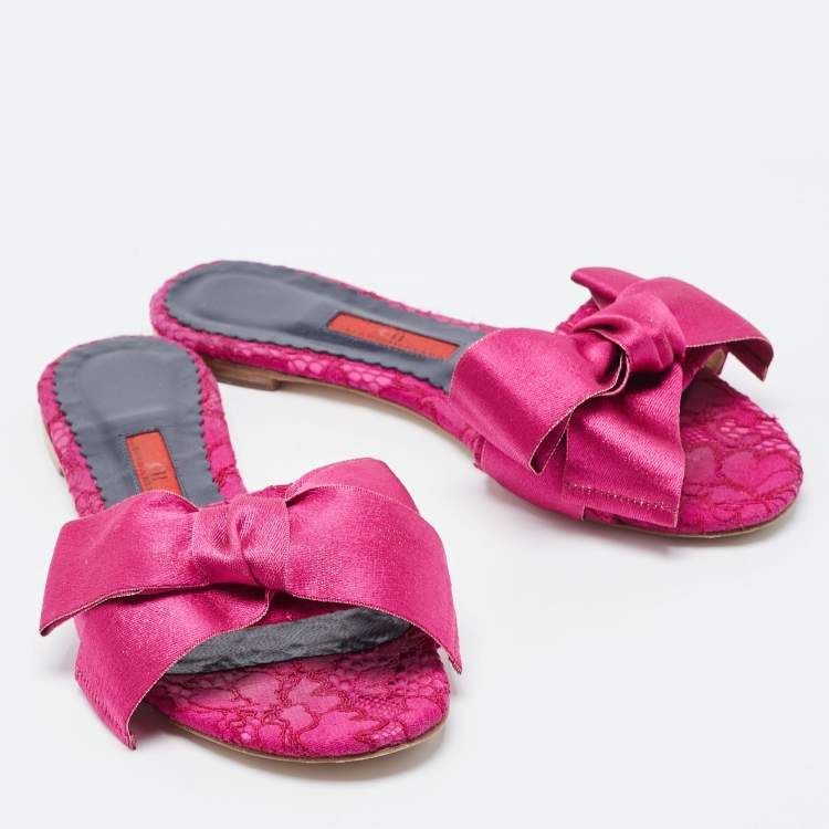 Pre Owned CH Carolina Herrera Purple Fabric Bow Flat Slides Size 37