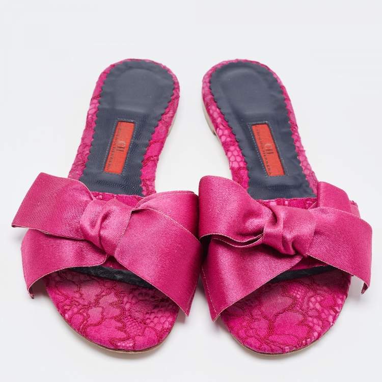 Pre Owned CH Carolina Herrera Purple Fabric Bow Flat Slides Size 37
