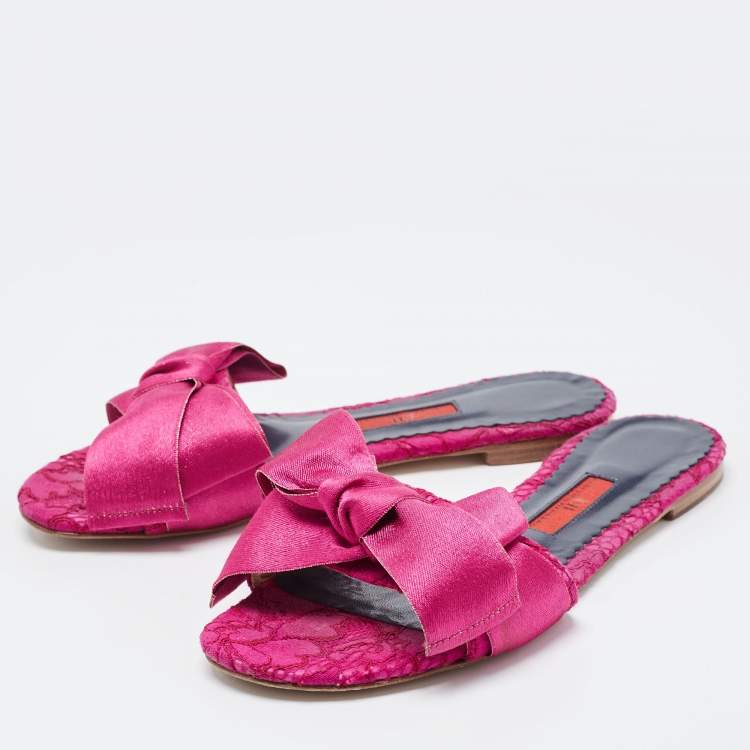 Pre Owned CH Carolina Herrera Purple Fabric Bow Flat Slides Size 37