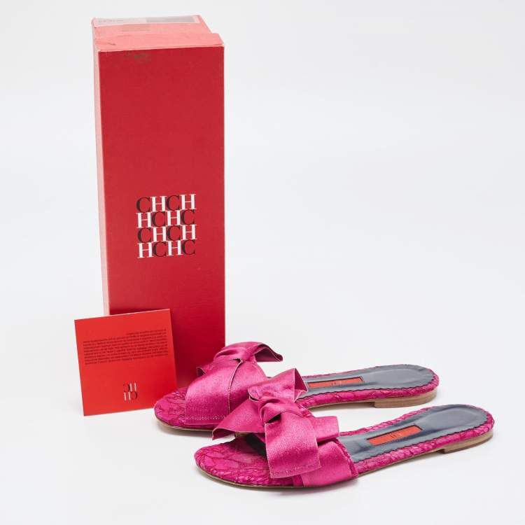 Pre Owned CH Carolina Herrera Purple Fabric Bow Flat Slides Size 37