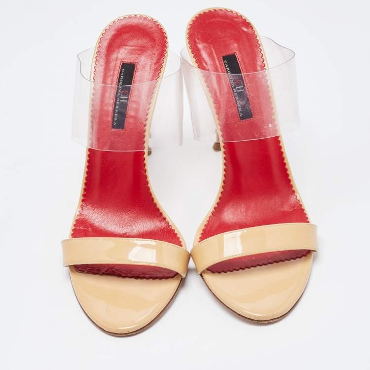 Pre Owned CH Carolina Herrera Beige Patent Leather and PVC Slide Sandals Size 38