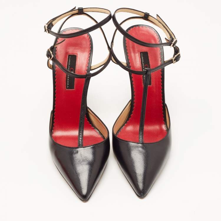 Pre Owned CH Carolina Herrera Black Leather T-Bar Ankle Strap Pumps Size 38