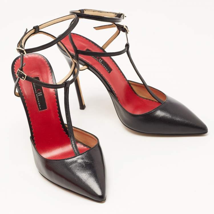 Pre Owned CH Carolina Herrera Black Leather T-Bar Ankle Strap Pumps Size 38