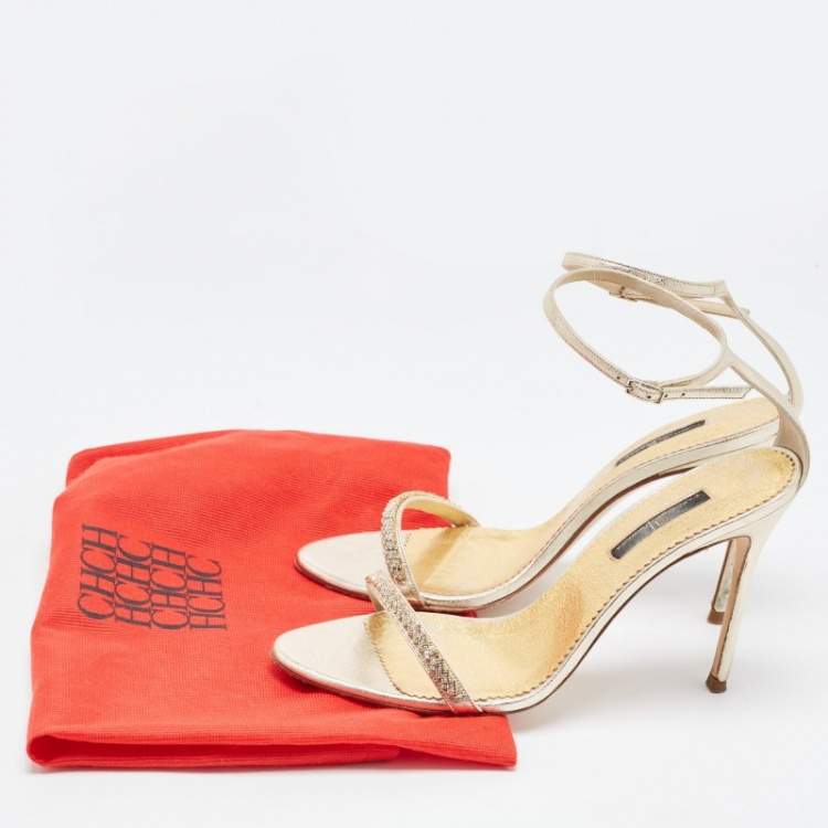 Pre Owned CH Carolina Herrera Gold Leather And Crystal Embellished Ankle Strap Sandals Size 39