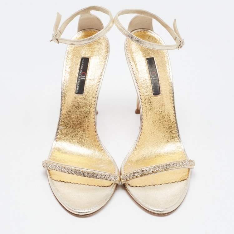 Pre Owned CH Carolina Herrera Gold Leather And Crystal Embellished Ankle Strap Sandals Size 39