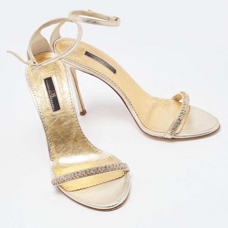 Pre Owned CH Carolina Herrera Gold Leather And Crystal Embellished Ankle Strap Sandals Size 39
