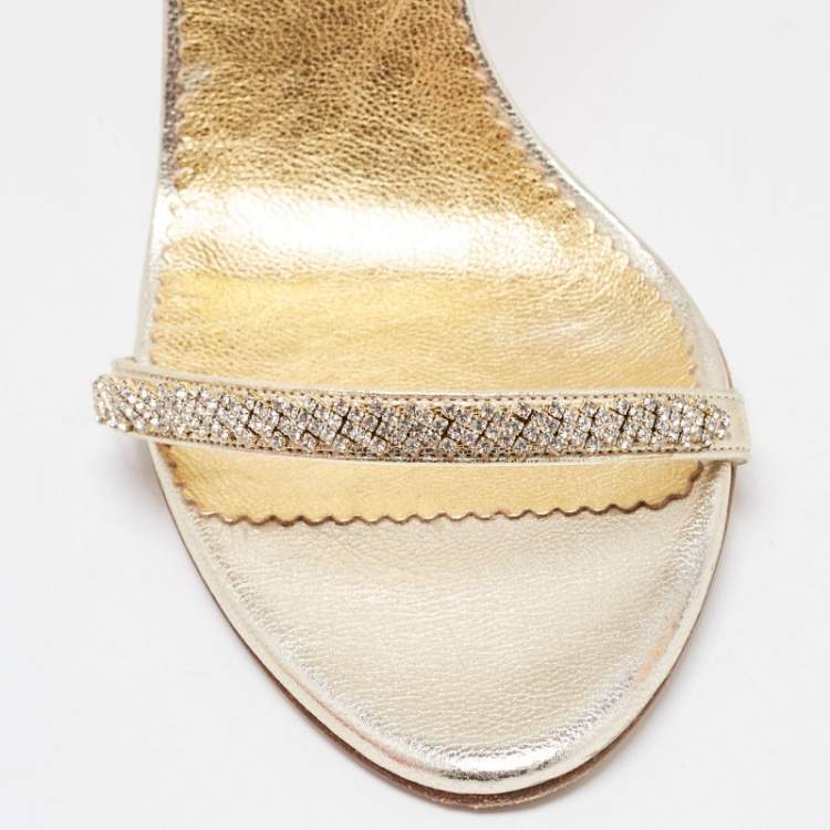 Pre Owned CH Carolina Herrera Gold Leather And Crystal Embellished Ankle Strap Sandals Size 39