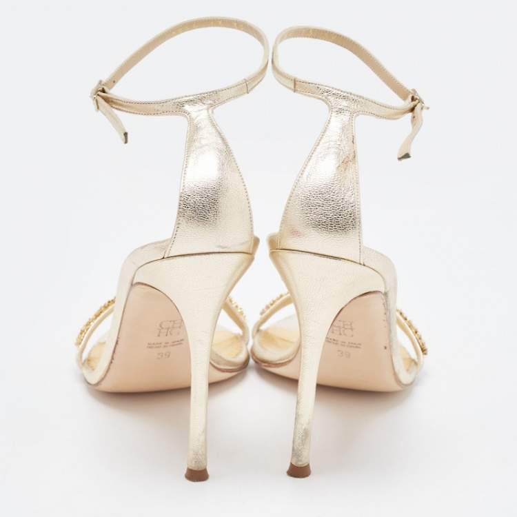 Pre Owned CH Carolina Herrera Gold Leather And Crystal Embellished Ankle Strap Sandals Size 39