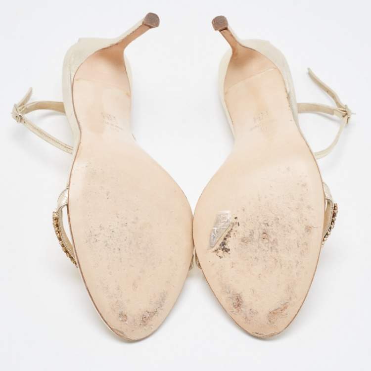 Pre Owned CH Carolina Herrera Gold Leather And Crystal Embellished Ankle Strap Sandals Size 39