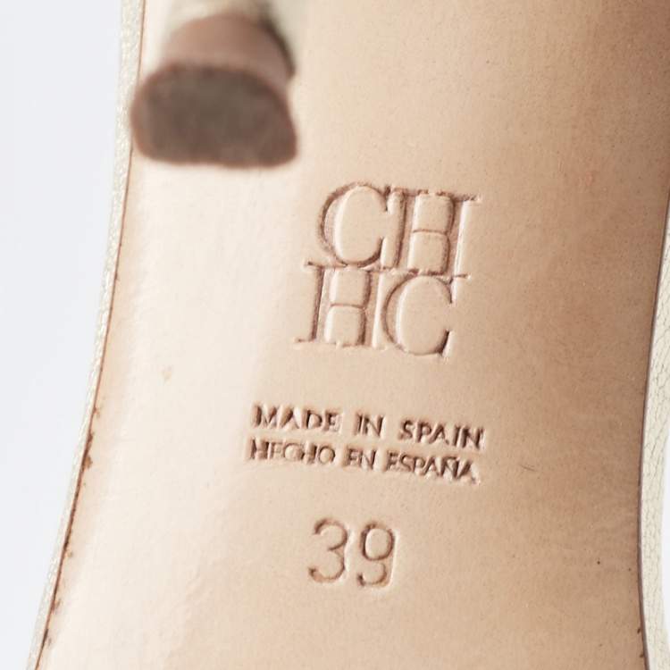Pre Owned CH Carolina Herrera Gold Leather And Crystal Embellished Ankle Strap Sandals Size 39