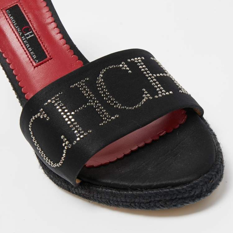 Pre Owned CH Carolina Herrera Black Satin Studded Wedge Sandals Size 40
