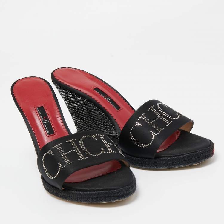 Pre Owned CH Carolina Herrera Black Satin Studded Wedge Sandals Size 40