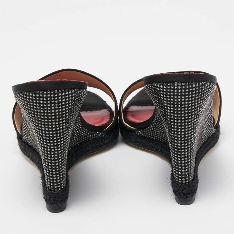 Pre Owned CH Carolina Herrera Black Satin Studded Wedge Sandals Size 40