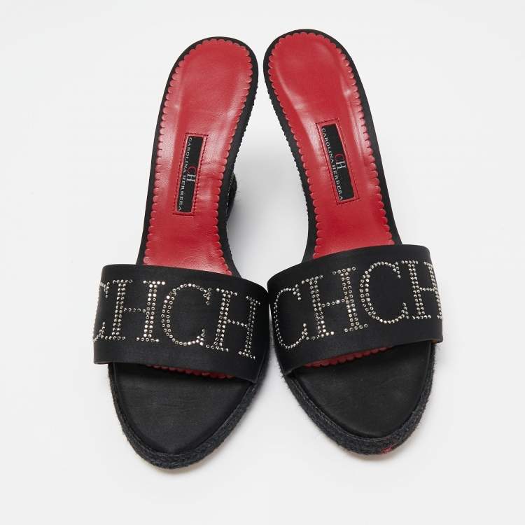 Pre Owned CH Carolina Herrera Black Satin Studded Wedge Sandals Size 40