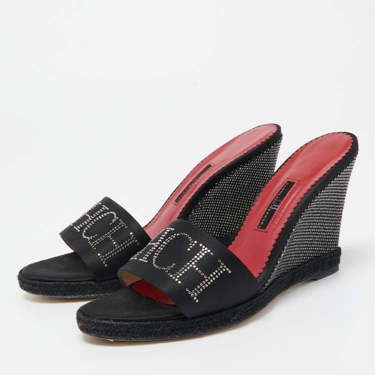 Pre Owned CH Carolina Herrera Black Satin Studded Wedge Sandals Size 40