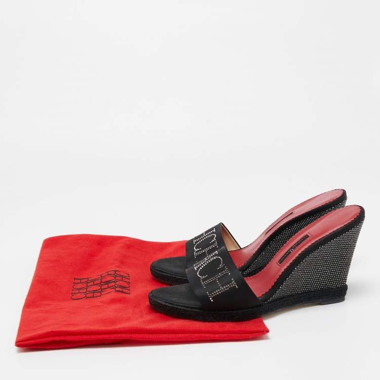 Pre Owned CH Carolina Herrera Black Satin Studded Wedge Sandals Size 40