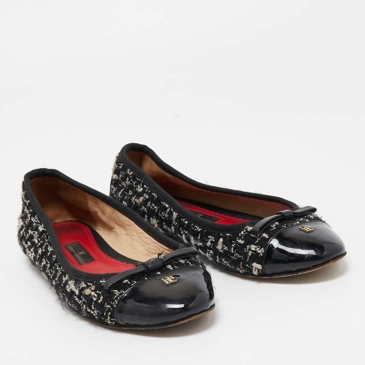 Pre Owned CH Carolina Herrera Black Tweed and Patent Leather Bow Ballet Flats Size 37