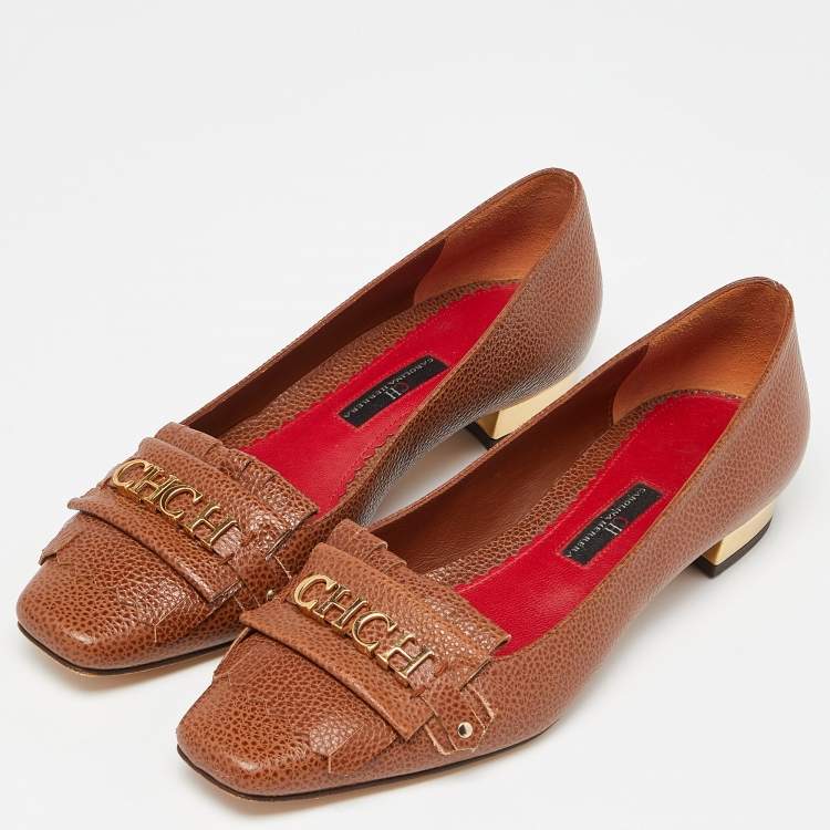 Pre Owned CH Carolina Herrera Brown Logo Embellished Fringe Detail Loafers Size 39