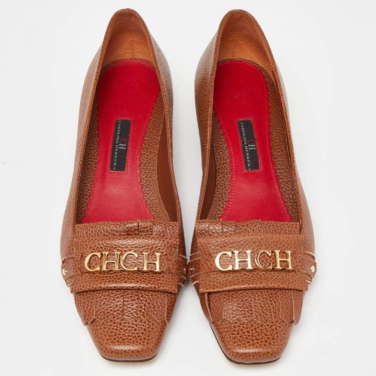 Pre Owned CH Carolina Herrera Brown Logo Embellished Fringe Detail Loafers Size 39
