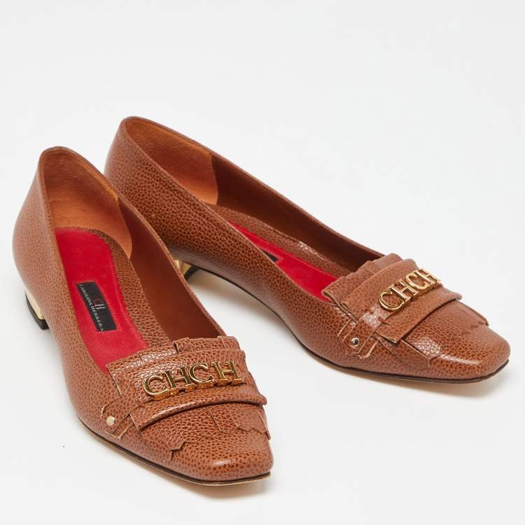 Pre Owned CH Carolina Herrera Brown Logo Embellished Fringe Detail Loafers Size 39