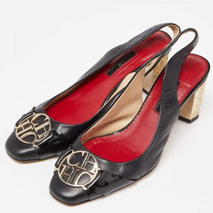 Pre Owned CH Carolina Herrera Black Leather Slingback Pumps Size 37