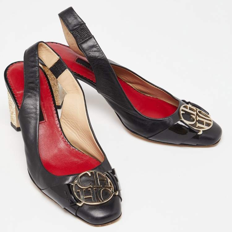 Pre Owned CH Carolina Herrera Black Leather Slingback Pumps Size 37