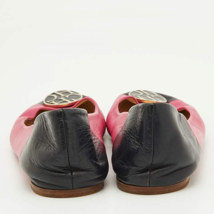 Pre Owned CH Carolina Herrera Pink/Black Leather Logo Ballet Flats Size 39