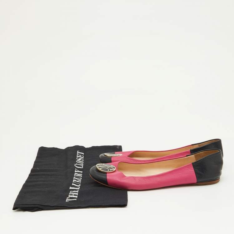 Pre Owned CH Carolina Herrera Pink/Black Leather Logo Ballet Flats Size 39