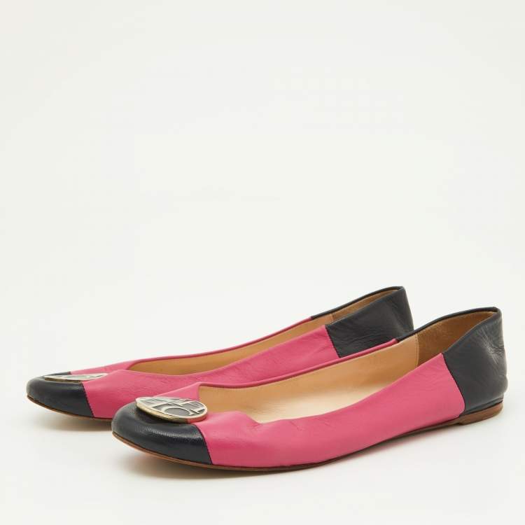 Pre Owned CH Carolina Herrera Pink/Black Leather Logo Ballet Flats Size 39