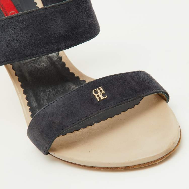 Pre Owned CH Carolina Herrera Navy Blue Suede Slide Sandals Size 38