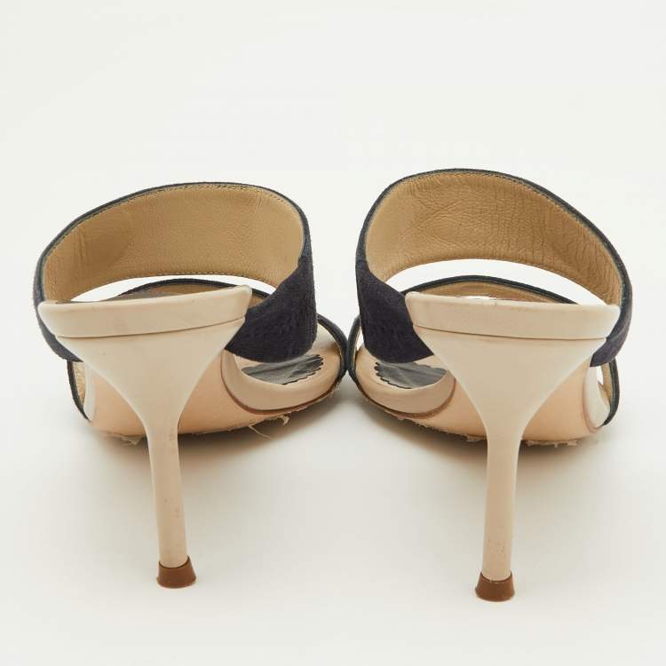 Pre Owned CH Carolina Herrera Navy Blue Suede Slide Sandals Size 38