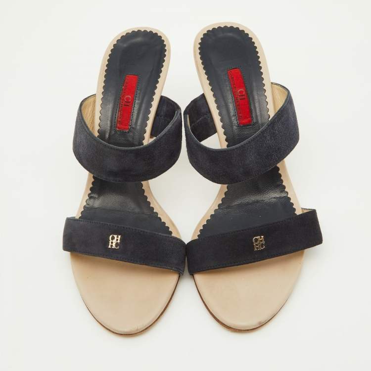 Pre Owned CH Carolina Herrera Navy Blue Suede Slide Sandals Size 38