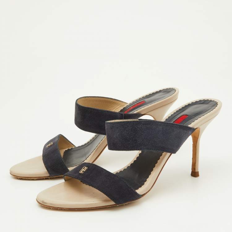 Pre Owned CH Carolina Herrera Navy Blue Suede Slide Sandals Size 38